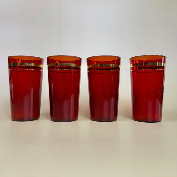 Vintage Ruby Red Glass Tumblers with Gold Design – Set of 4 - Picture 9 of 16